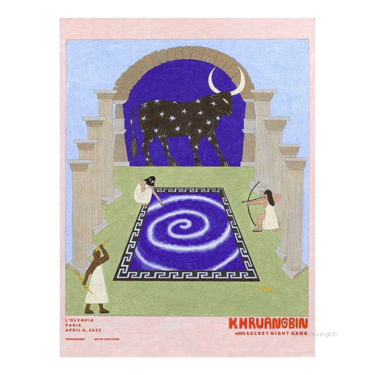 poster-paris-tour dates-olympian style kbin members and building with horned cow