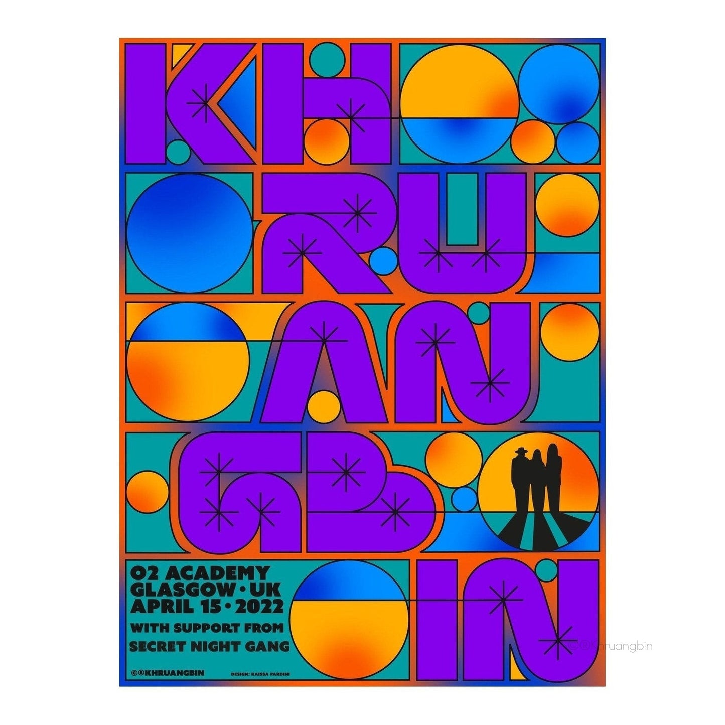poster-glasgow-tour dates-bubble word "Khruangbin" with silhouette of kbin members