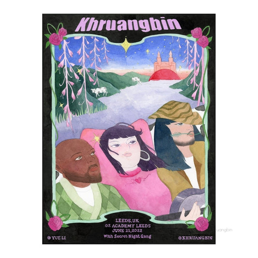 poster-leeds-tour dates-kbin looking up near river and hills with cows and a castle