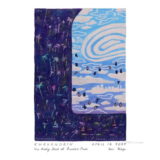 poster-san diego-tour dates-window with many different shaped clouds and small human figures