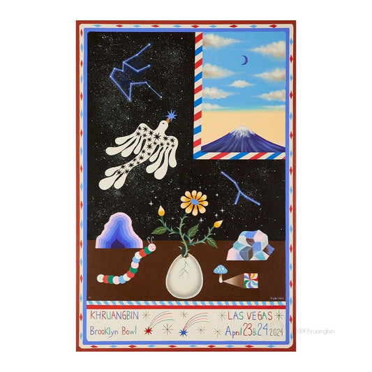 poster-Las Vegas-tour dates-night sky with constellations and post stamp with tip of mountain and crescent moon