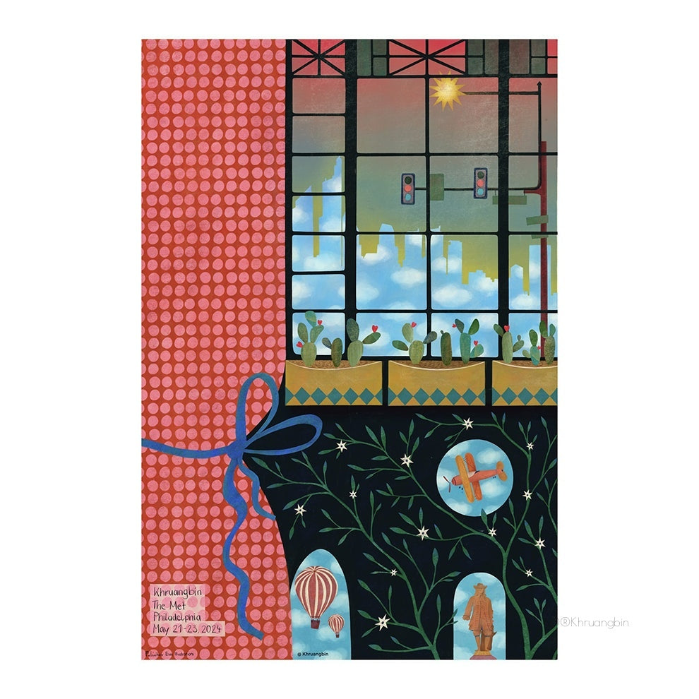 poster-philadelphia-tour dates-room with cactus and small air balloon and window with stop light