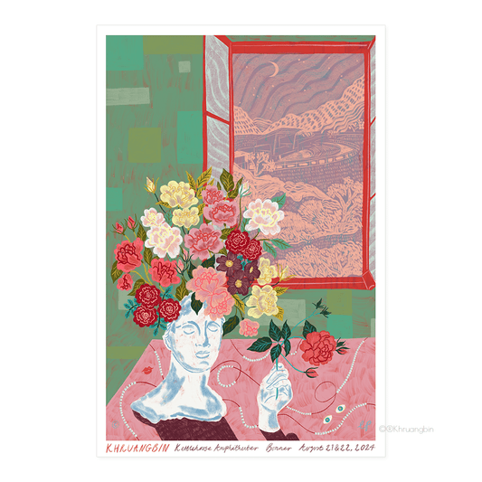 Poster-Bonner-tour dates-flowers coming out of man sculpture near window