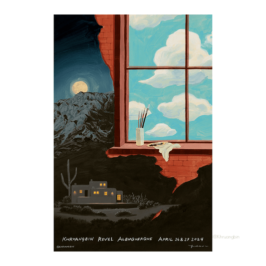 poster-albuquerque-tour dates-window with view of sky and house at night with moon/mountains