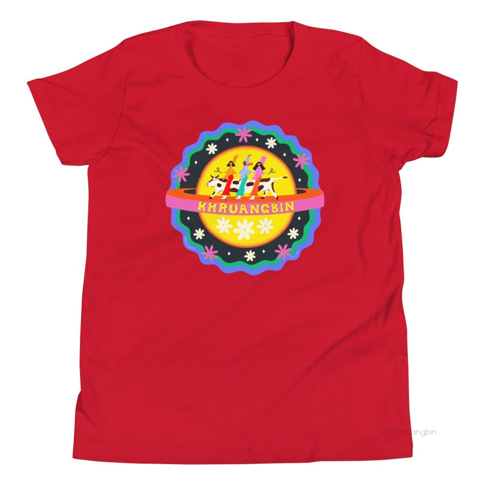 kids tee-red-"Khruangbin" group in front cow and sun with small flowers