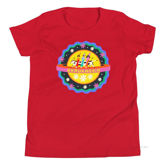 kids tee-red-"Khruangbin" group in front  cow and sun with small flowers