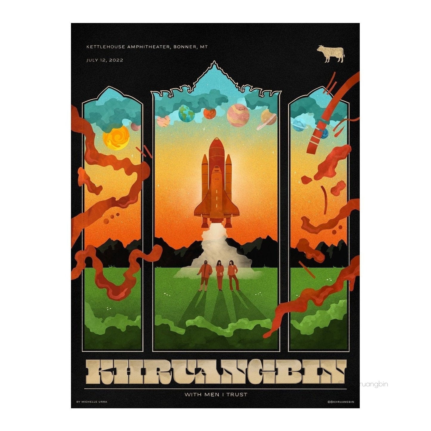 poster-bonner-tour dates-kbin standing in front of space ship in field and all planets above them