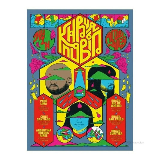 poster-South America-tour dates-kbin and colorful clouds with cow and ufo in center