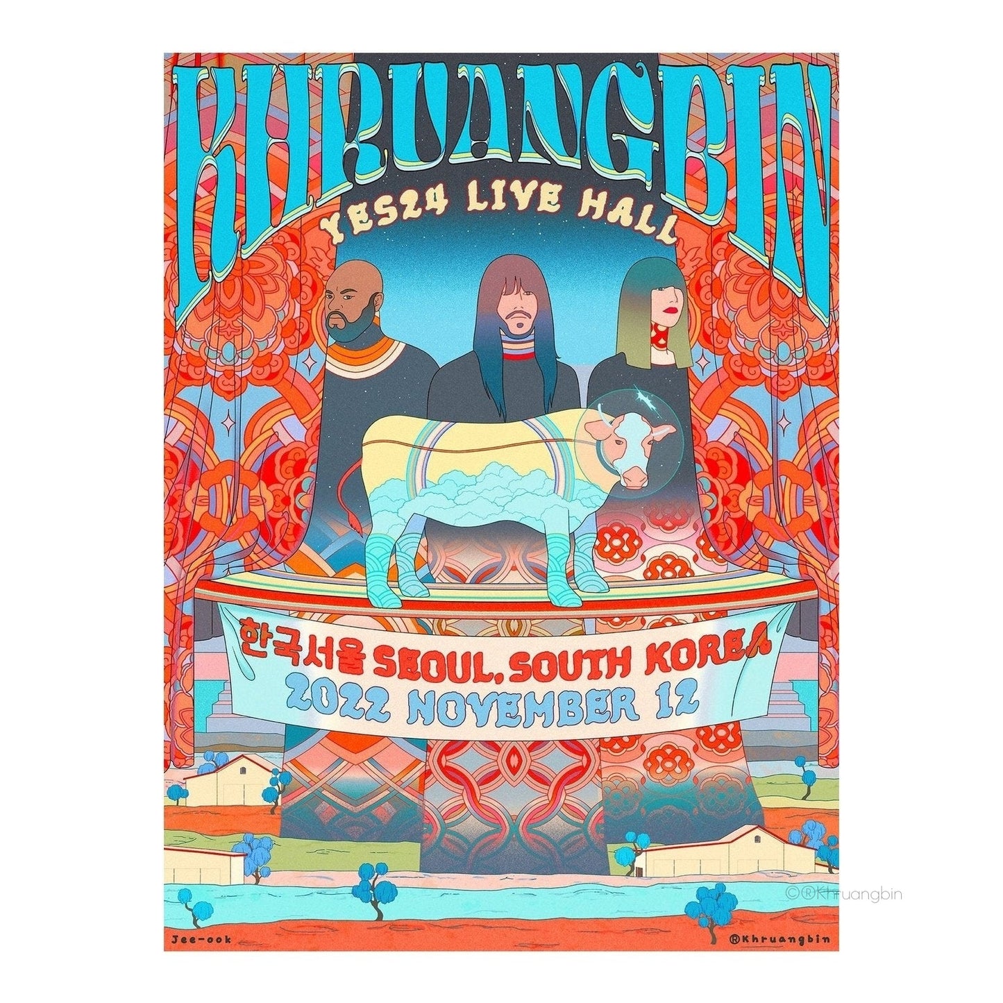 poster-seoul-tour dates-kbin standing behind curtain cow in front with buildings and river below