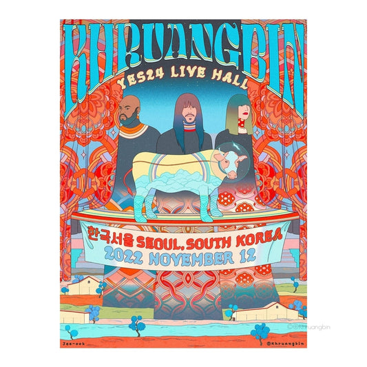 poster-seoul-tour dates-kbin standing behind curtain cow in front with buildings and river below
