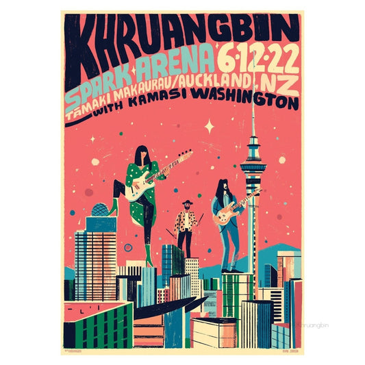 poster-auckland-tour dates-giant kbin standing on city buildings with guitars