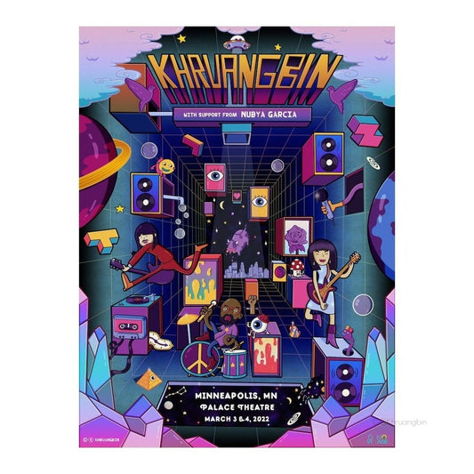 poster-minneapolis-tour dates-tunnel with kbin performing with floating speakers and other objects