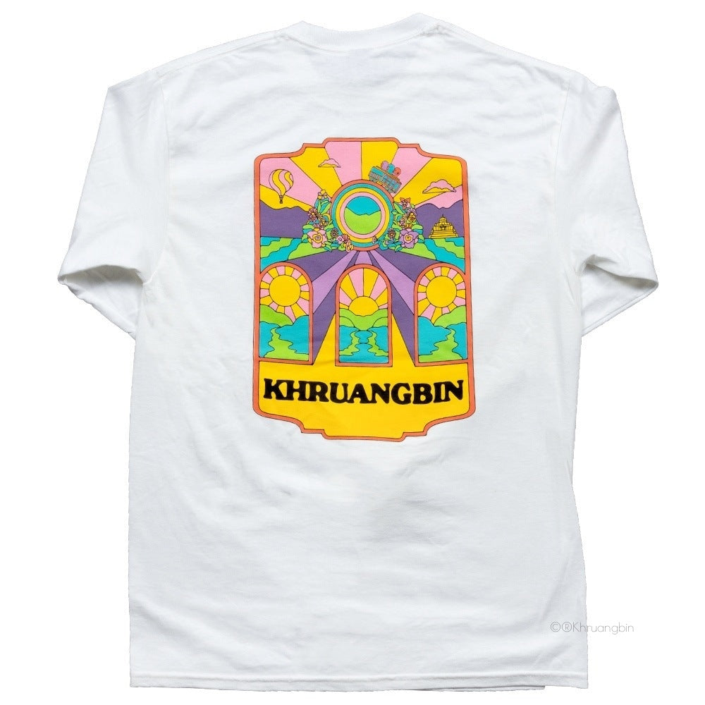 long sleeve tee-white-front kbin members with bus-back "Khuangbin" colorful sunset windows with hills and river-sleeve hot air balloons