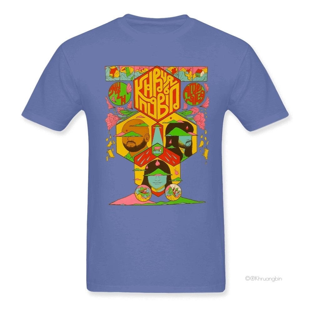 South America Tour Columbia Blue shirt. Khruangbin logo with members on the front. Colors in design include red, yellow, green and pink