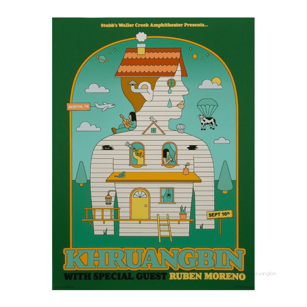 poster-austin-tour dates-person shaped house with kbin in windows and on roof