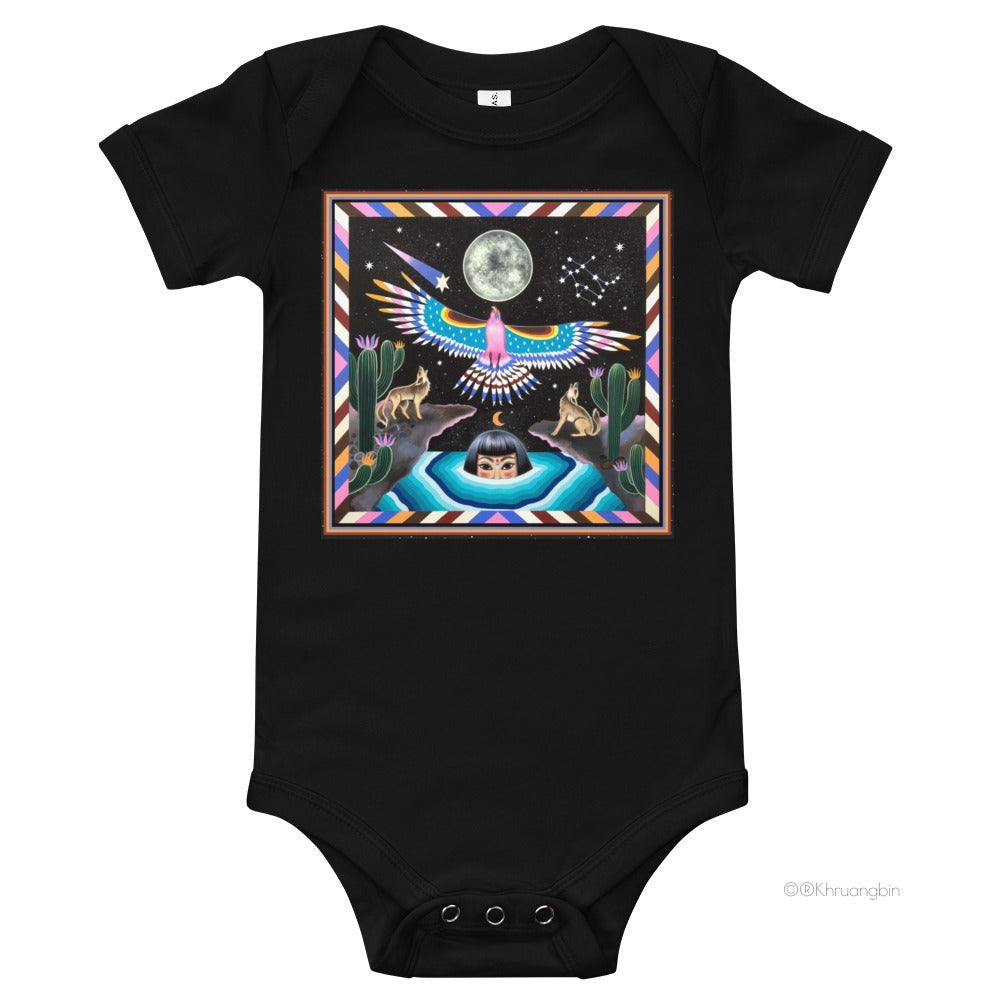 baby onesie-black-front kbin in desert with wolves and colorful eagle looking up at moon-back "Khruangbin"
