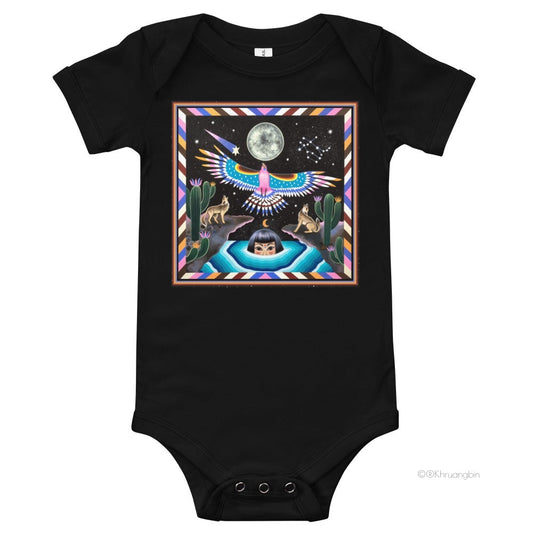 baby onesie-black-front kbin in desert with wolves and colorful eagle looking up at moon-back "Khruangbin"