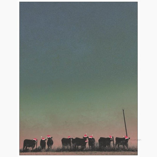 Con Todo El Mundo Greeting Card-front Green/Blue sky with multiple cows wearing Santa hats-back "say you remember"