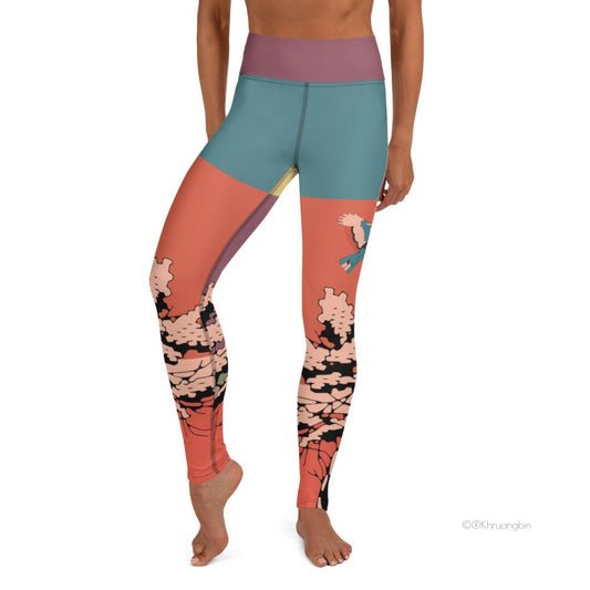 yoga leggings-multi colored-Mordechai bird design with trees