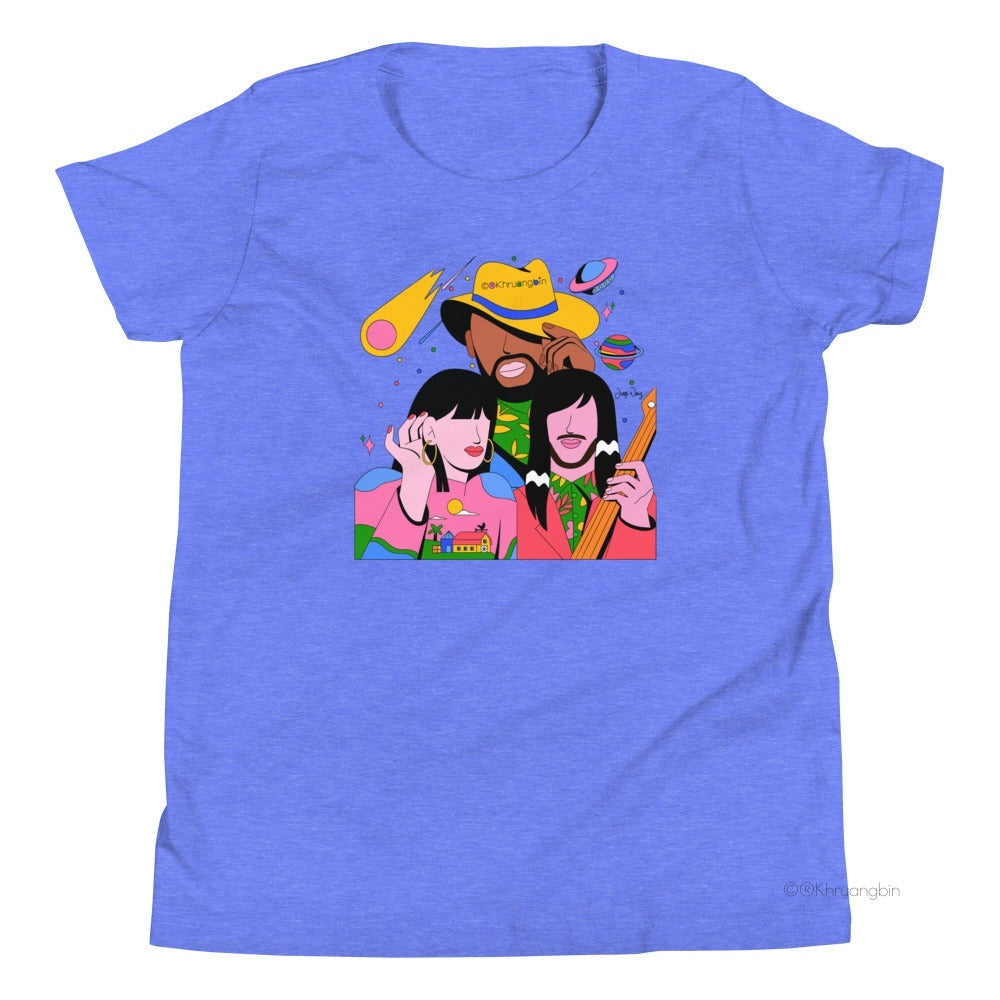Youth tee-Columbia Blue-kbin with guitar art photo with planets and astroid behind them