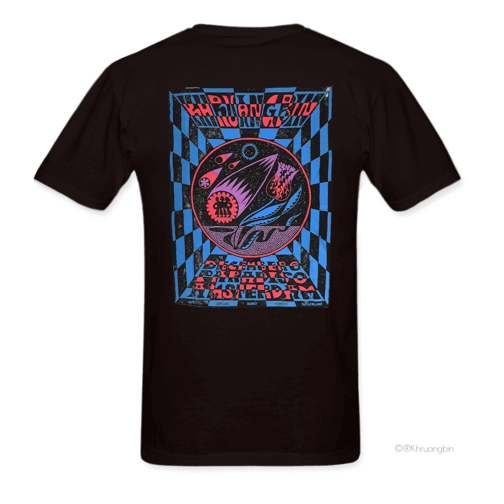 Paradiso Tee Shirt. Black shirt with big red and blue design on front. 