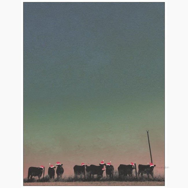 Con Todo El Mundo Greeting Card. Green/Blue sky with multiple cows wearing Santa hats. 