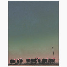 Load image into Gallery viewer, Con Todo El Mundo Greeting Card. Green/Blue sky with multiple cows wearing Santa hats. 

