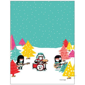 Christmas Time is Here Greeting Card. Teal Blue sky with band members playing instruments in the snow. 
