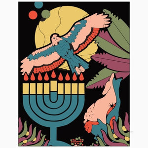 Mordechai Greeting Card. Black card with bird and wolf designs.