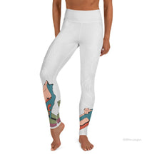 Load image into Gallery viewer, Mordechai white yoga leggings. Colored Bird print on bottom left ankle, with colored wolf print on right shin area. 
