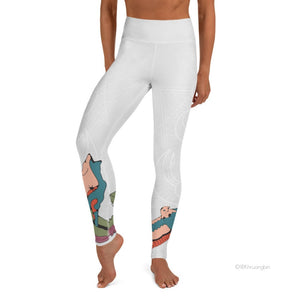 Mordechai white yoga leggings. Colored Bird print on bottom left ankle, with colored wolf print on right shin area. 